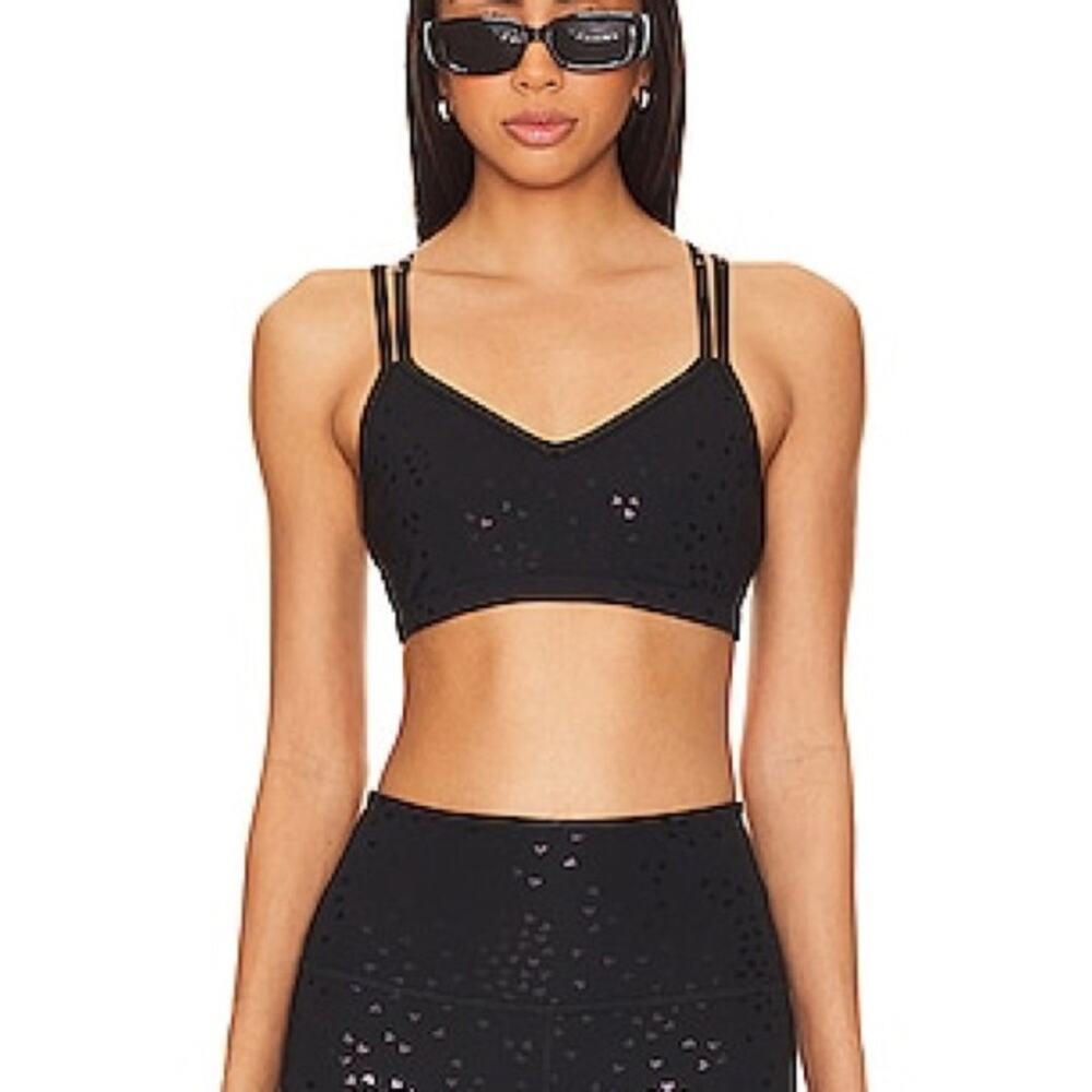 Beyond Yoga Double Back Strappy Sports Bra Black Heart Print Size Small